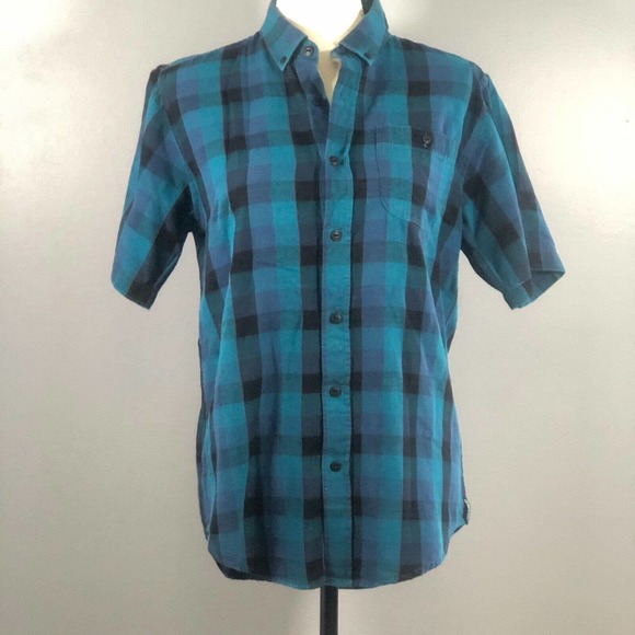 Ezekiel Shirt Mens Size Small Short Sleeve Plaid Button Down Blue Teal Black - Picture 1 of 11